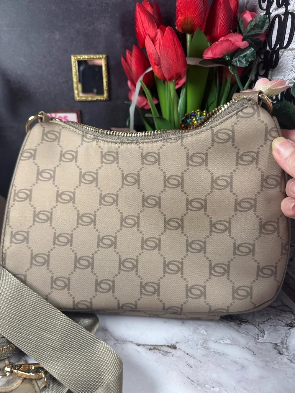 bebe Taupe Logo Crossbody with Gold Chain & Coin Pouch